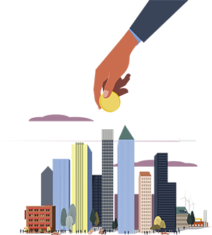 An illustration of a man placing a coin on top of a group of skyscrapers
