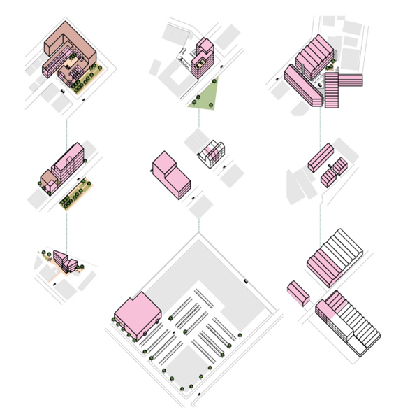 Examples of location-based workspace typologies, from left: New-build, Refurbishment of Office and Retail, and Industrial. 5th Studio.