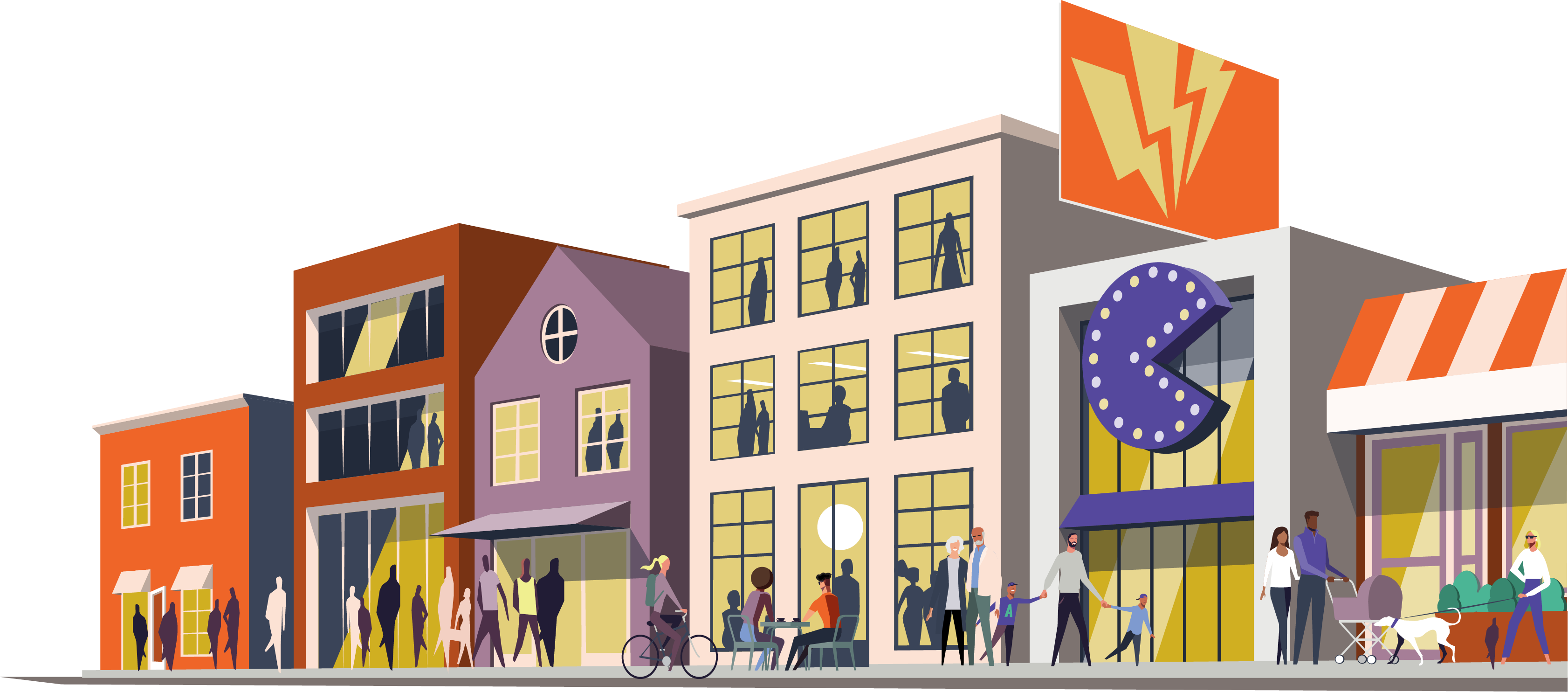 Illustration of various commercial buildings on a busy high street