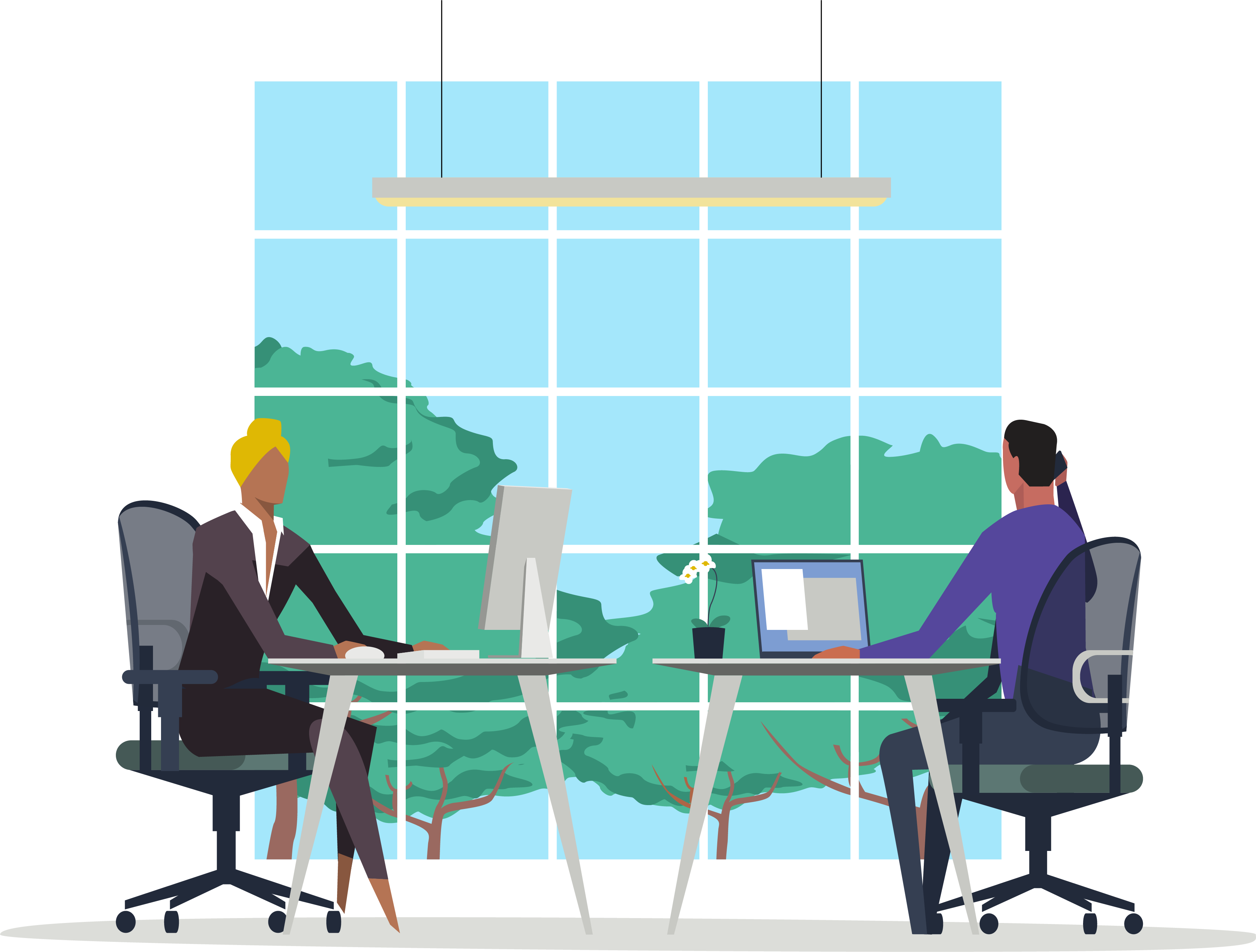 Illustration of two workers sitting by a window with trees outside